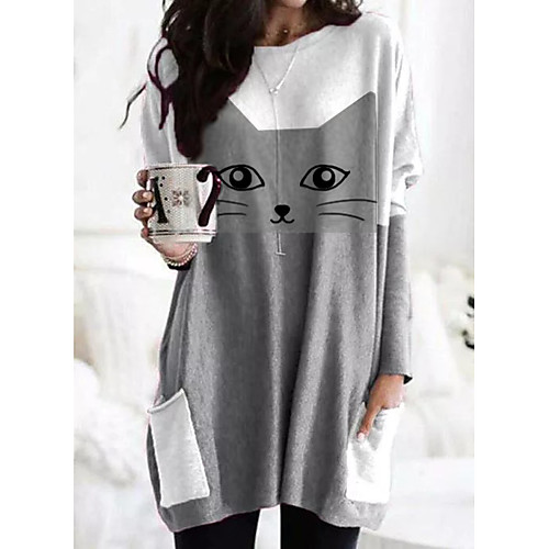 Women's T shirt Dress Cat Graphic Long Sleeve Patchwork Print Round Neck Tops Basic Basic Top Black Gray
Women's T shirt Dress Cat Graphic Long Sleeve Patchwork Print Round Neck Tops Basic Basic Top Black Gray