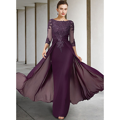 Sheath / Column Mother of the Bride Dress Elegant Sparkle & Shine Jewel Neck Asymmetrical Floor Length Chiffon Lace 3/4 Length Sleeve with Sequin Appliques 2021
Sheath / Column Mother of the Bride Dress Elegant Sparkle & Shine Jewel Neck Asymmetrical Floor Length Chiffon Lace 3/4 Length Sleeve with Sequin Appliques 2021