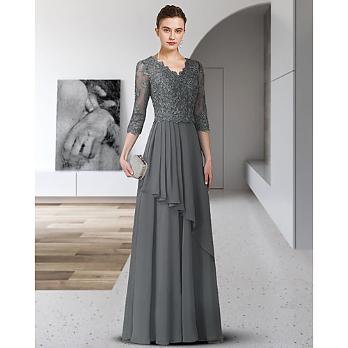 A-Line Mother of the Bride Dress Elegant V Neck Floor Length Chiffon Lace 3/4 Length Sleeve with Pleats Appliques 2021
A-Line Mother of the Bride Dress Elegant V Neck Floor Length Chiffon Lace 3/4 Length Sleeve with Pleats Appliques 2021