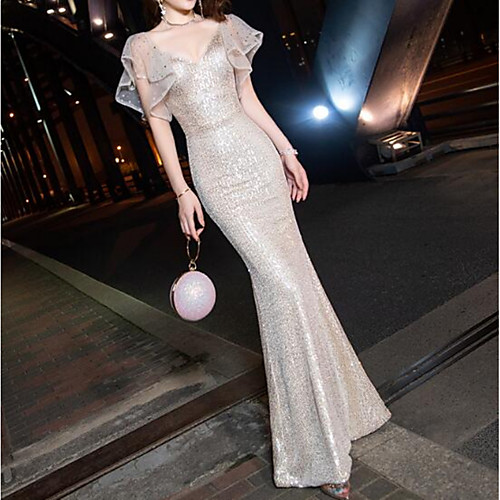 Mermaid / Trumpet Sparkle Sexy Engagement Prom Dress V Neck Short Sleeve Floor Length Sequined with Pleats Sequin 2021
Mermaid / Trumpet Sparkle Sexy Engagement Prom Dress V Neck Short Sleeve Floor Length Sequined with Pleats Sequin 2021