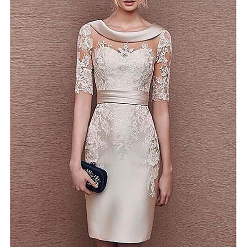 Sheath / Column Mother of the Bride Dress Plus Size Elegant Scoop Neck Knee Length Satin Short Sleeve with Appliques 2021
Sheath / Column Mother of the Bride Dress Plus Size Elegant Scoop Neck Knee Length Satin Short Sleeve with Appliques 2021