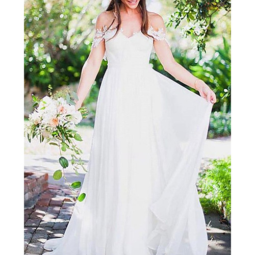 Sheath / Column Wedding Dresses Off Shoulder Sweep / Brush Train Chiffon Short Sleeve Romantic Simple Beach with Pleats Appliques 2021
Sheath / Column Wedding Dresses Off Shoulder Sweep / Brush Train Chiffon Short Sleeve Romantic Simple Beach with Pleats Appliques 2021