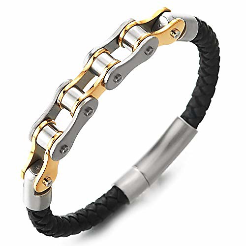 Mens Steel Silver Gold Motorcycle Bike Chain Black Braided Leather Bangle Bracelet, Spring Clasp
Mens Steel Silver Gold Motorcycle Bike Chain Black Braided Leather Bangle Bracelet, Spring Clasp