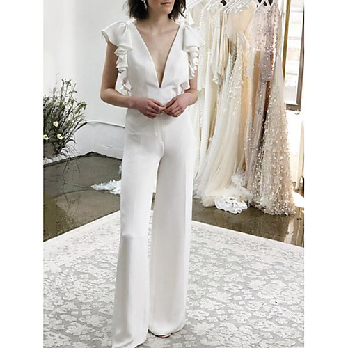 Jumpsuits Wedding Dresses Plunging Neck Floor Length Stretch Fabric Cap Sleeve Simple with Ruffles 2021
Jumpsuits Wedding Dresses Plunging Neck Floor Length Stretch Fabric Cap Sleeve Simple with Ruffles 2021