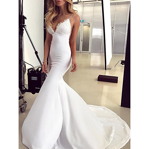 Mermaid / Trumpet Wedding Dresses V Neck Spaghetti Strap Sweep / Brush Train Lace Stretch Fabric Sleeveless Romantic Sexy with Appliques 2021
Mermaid / Trumpet Wedding Dresses V Neck Spaghetti Strap Sweep / Brush Train Lace Stretch Fabric Sleeveless Romantic Sexy with Appliques 2021