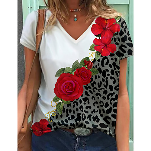 Women's Floral Theme T shirt Floral Color Block Leopard Print V Neck Basic Tops White Khaki Gray
Women's Floral Theme T shirt Floral Color Block Leopard Print V Neck Basic Tops White Khaki Gray
