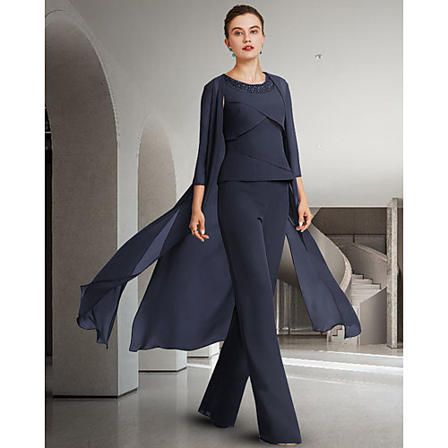 Two Piece Pantsuit / Jumpsuit Mother of the Bride Dress Elegant Jewel Neck Floor Length Chiffon 3/4 Length Sleeve with Beading Ruffles 2021
Two Piece Pantsuit / Jumpsuit Mother of the Bride Dress Elegant Jewel Neck Floor Length Chiffon 3/4 Length Sleeve with Beading Ruffles 2021