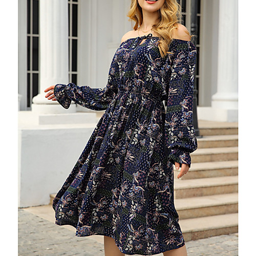 Women's A Line Dress Knee Length Dress Wine Navy Blue Long Sleeve Floral Print Print Spring Summer Off Shoulder Casual 3D Print S M L 
Women's A Line Dress Knee Length Dress Wine Navy Blue Long Sleeve Floral Print Print Spring Summer Off Shoulder Casual 3D Print S M L