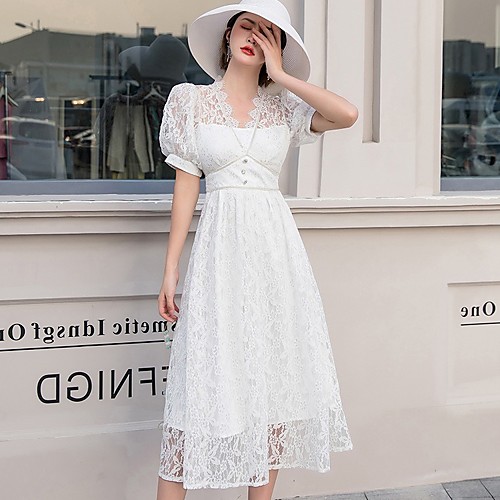 A-Line Empire Elegant Wedding Guest Cocktail Party Dress V Neck Short Sleeve Tea Length Lace with Buttons Lace Insert 2021
A-Line Empire Elegant Wedding Guest Cocktail Party Dress V Neck Short Sleeve Tea Length Lace with Buttons Lace Insert 2021