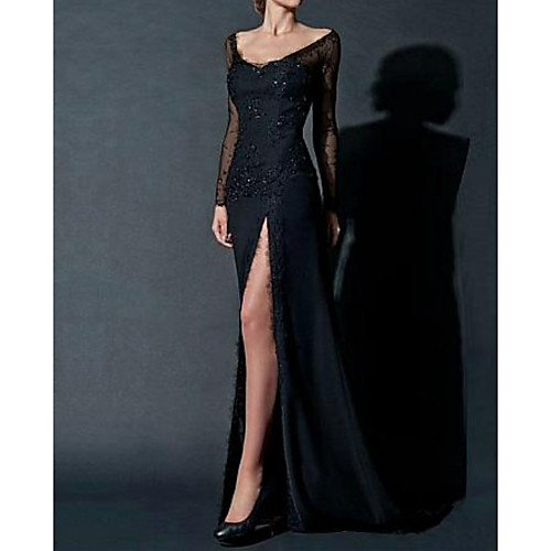 Sheath / Column Sexy Engagement Formal Evening Dress Scoop Neck Long Sleeve Floor Length Chiffon with Beading Lace Insert Split Front 2021
Sheath / Column Sexy Engagement Formal Evening Dress Scoop Neck Long Sleeve Floor Length Chiffon with Beading Lace Insert Split Front 2021