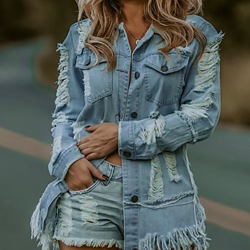 Women's Denim Jacket Daily Spring & Summer Regular Coat Shirt Collar Regular Fit Streetwear Jacket Long Sleeve Solid Colored Tassel Fringe Light Blue
Women's Denim Jacket Daily Spring & Summer Regular Coat Shirt Collar Regular Fit Streetwear Jacket Long Sleeve Solid Colored Tassel Fringe Light Blue