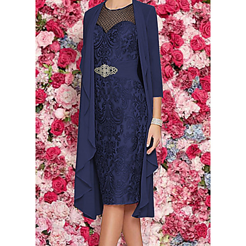 Sheath / Column Mother of the Bride Dress Plus Size Elegant Jewel Neck Knee Length Chiffon Lace 3/4 Length Sleeve with Appliques 2021
Sheath / Column Mother of the Bride Dress Plus Size Elegant Jewel Neck Knee Length Chiffon Lace 3/4 Length Sleeve with Appliques 2021