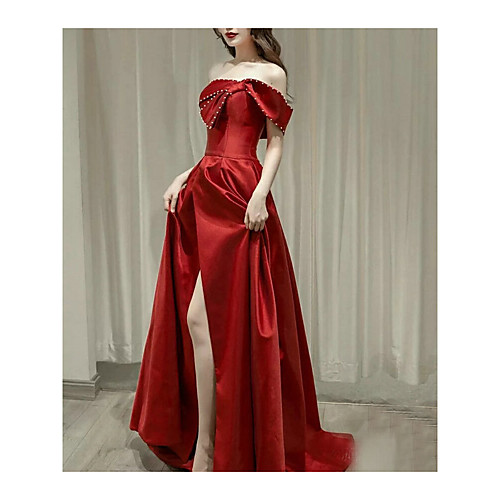 A-Line Off Shoulder Floor Length Satin Bridesmaid Dress with Beading / Bandage
A-Line Off Shoulder Floor Length Satin Bridesmaid Dress with Beading / Bandage