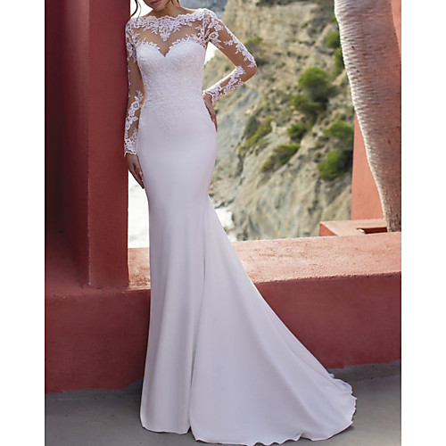 Mermaid / Trumpet Wedding Dresses Jewel Neck Floor Length Lace Stretch Satin Long Sleeve Country Simple with Appliques 2021
Mermaid / Trumpet Wedding Dresses Jewel Neck Floor Length Lace Stretch Satin Long Sleeve Country Simple with Appliques 2021