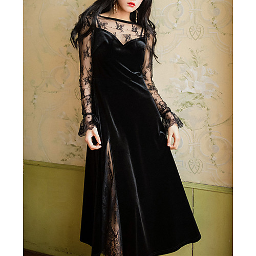 A-Line Vintage Sexy Wedding Guest Formal Evening Dress Illusion Neck Long Sleeve Tea Length Velvet with Split Lace Insert 2021
A-Line Vintage Sexy Wedding Guest Formal Evening Dress Illusion Neck Long Sleeve Tea Length Velvet with Split Lace Insert 2021