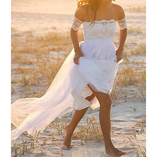 A-Line Wedding Dresses Off Shoulder Court Train Lace Tulle Short Sleeve Country Romantic Beach with Appliques 2021
A-Line Wedding Dresses Off Shoulder Court Train Lace Tulle Short Sleeve Country Romantic Beach with Appliques 2021
