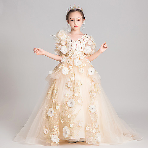 Ball Gown Sweep / Brush Train Flower Girl Dresses Formal Evening Tulle Short Sleeve V Neck with Beading
Ball Gown Sweep / Brush Train Flower Girl Dresses Formal Evening Tulle Short Sleeve V Neck with Beading