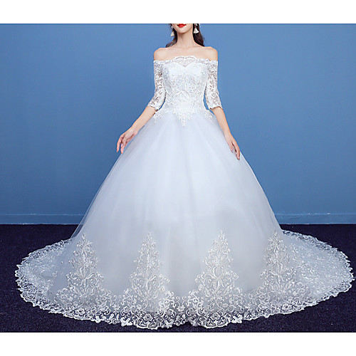 Princess Ball Gown Wedding Dresses Off Shoulder Court Train Lace Tulle Half Sleeve Formal Romantic with Appliques 2021
Princess Ball Gown Wedding Dresses Off Shoulder Court Train Lace Tulle Half Sleeve Formal Romantic with Appliques 2021