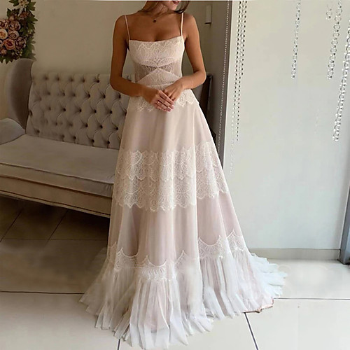 A-Line Wedding Dresses Bateau Neck Spaghetti Strap Sweep / Brush Train Lace Sleeveless Romantic with Pleats Appliques 2021
A-Line Wedding Dresses Bateau Neck Spaghetti Strap Sweep / Brush Train Lace Sleeveless Romantic with Pleats Appliques 2021