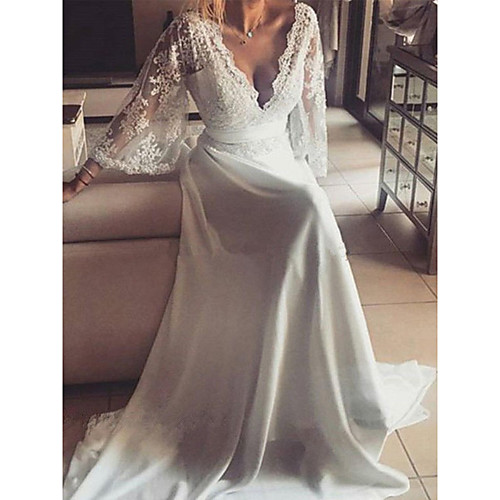 Sheath / Column Wedding Dresses V Neck Sweep / Brush Train Chiffon Lace 3/4 Length Sleeve Romantic Beach with Sashes / Ribbons Appliques 2021
Sheath / Column Wedding Dresses V Neck Sweep / Brush Train Chiffon Lace 3/4 Length Sleeve Romantic Beach with Sashes / Ribbons Appliques 2021