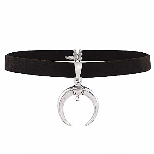 stackable creations crescent moon choker necklace with black suede velvet leather ribbon band | upside down half moon horn silver charm metal pendant
stackable creations crescent moon choker necklace with black suede velvet leather ribbon band | upside down half moon horn silver charm metal pendant