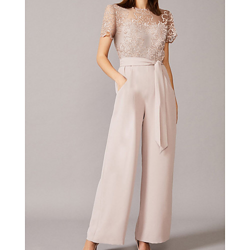 Jumpsuits Mother of the Bride Dress Elegant Jewel Neck Floor Length Chiffon Lace Short Sleeve with Appliques 2021
Jumpsuits Mother of the Bride Dress Elegant Jewel Neck Floor Length Chiffon Lace Short Sleeve with Appliques 2021