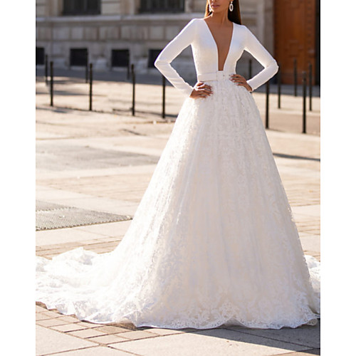 A-Line Wedding Dresses Jewel Neck Court Train Lace Italy Satin Long Sleeve Country Sexy Luxurious with Sashes / Ribbons 2021
A-Line Wedding Dresses Jewel Neck Court Train Lace Italy Satin Long Sleeve Country Sexy Luxurious with Sashes / Ribbons 2021