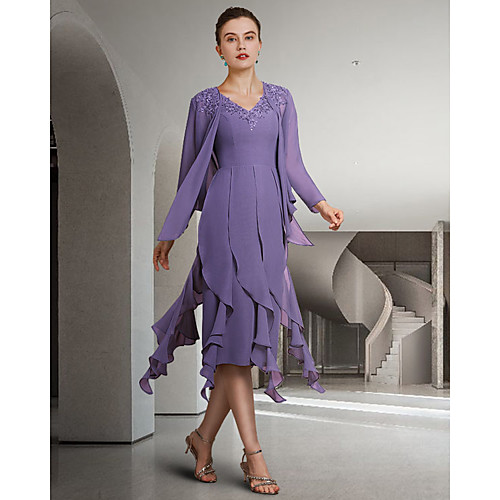 Two Piece Sheath / Column Mother of the Bride Dress Elegant Jewel Neck Knee Length Chiffon Lace Long Sleeve with Ruffles 2021
Two Piece Sheath / Column Mother of the Bride Dress Elegant Jewel Neck Knee Length Chiffon Lace Long Sleeve with Ruffles 2021