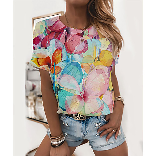 Women's T shirt Floral Graphic Butterfly Print Round Neck Tops Basic Basic Top White Blue Blushing Pink
Women's T shirt Floral Graphic Butterfly Print Round Neck Tops Basic Basic Top White Blue Blushing Pink