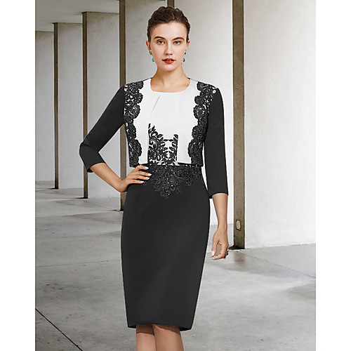 Two Piece Sheath / Column Mother of the Bride Dress Elegant Jewel Neck Knee Length Lace Stretch Fabric Half Sleeve with Appliques 2021
Two Piece Sheath / Column Mother of the Bride Dress Elegant Jewel Neck Knee Length Lace Stretch Fabric Half Sleeve with Appliques 2021