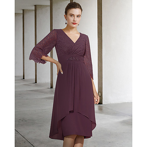 A-Line Mother of the Bride Dress Elegant V Neck Knee Length Chiffon Lace Half Sleeve with Pleats 2021
A-Line Mother of the Bride Dress Elegant V Neck Knee Length Chiffon Lace Half Sleeve with Pleats 2021