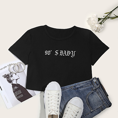 Women's Crop Tshirt Letter Print Round Neck Tops Cotton Basic Basic Top White Black
Women's Crop Tshirt Letter Print Round Neck Tops Cotton Basic Basic Top White Black