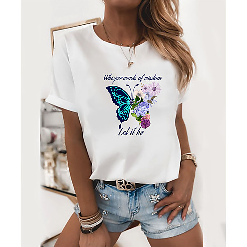 Women's T shirt Floral Butterfly Text Print Round Neck Tops 100% Cotton Basic Basic Top White
Women's T shirt Floral Butterfly Text Print Round Neck Tops 100% Cotton Basic Basic Top White