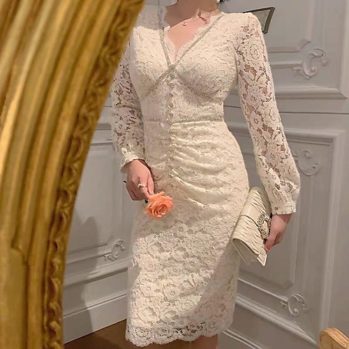 Sheath / Column Glittering Sexy Graduation Cocktail Party Dress V Neck Long Sleeve Knee Length Lace with Crystals 2021
Sheath / Column Glittering Sexy Graduation Cocktail Party Dress V Neck Long Sleeve Knee Length Lace with Crystals 2021