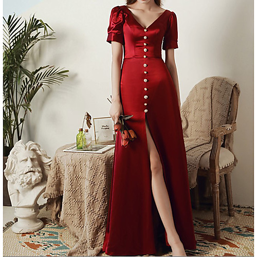 A-Line Reformation Amante Vintage Wedding Guest Formal Evening Dress V Neck Short Sleeve Floor Length Satin with Buttons 2021
A-Line Reformation Amante Vintage Wedding Guest Formal Evening Dress V Neck Short Sleeve Floor Length Satin with Buttons 2021