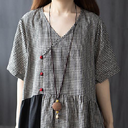 2021 summer new retro disc button long cotton and linen dress women's fat mm large size plaid color matching and thin v-neck
2021 summer new retro disc button long cotton and linen dress women's fat mm large size plaid color matching and thin v-neck