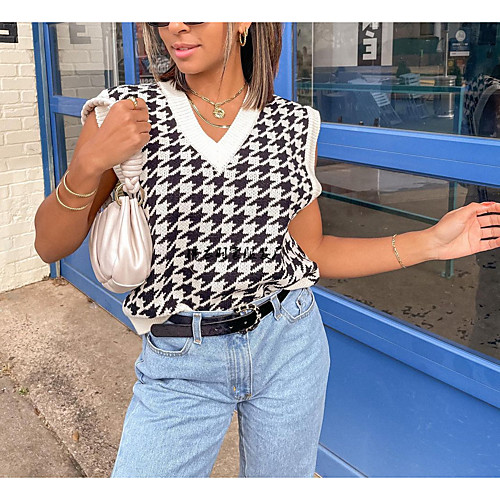 Women's Plaid / Check Sweater Sleeveless Sweater Cardigans U Neck Black And White
Women's Plaid / Check Sweater Sleeveless Sweater Cardigans U Neck Black And White