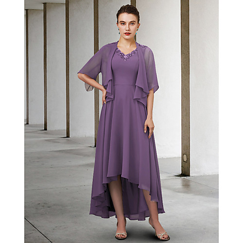 Two Piece A-Line Mother of the Bride Dress Elegant V Neck Asymmetrical Chiffon Half Sleeve with Pleats 2021
Two Piece A-Line Mother of the Bride Dress Elegant V Neck Asymmetrical Chiffon Half Sleeve with Pleats 2021