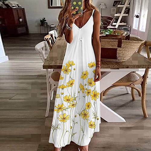 Women's Strap Dress Maxi long Dress Safflower on black Green on white Yellow on white Purple on white Cyan on white Sleeveless Pattern Summer Casual 2022 S M L XL XXL
Women's Strap Dress Maxi long Dress Safflower on black Green on white Yellow on white Purple on white Cyan on white Sleeveless Pattern Summer Casual 2022 S M L XL XXL