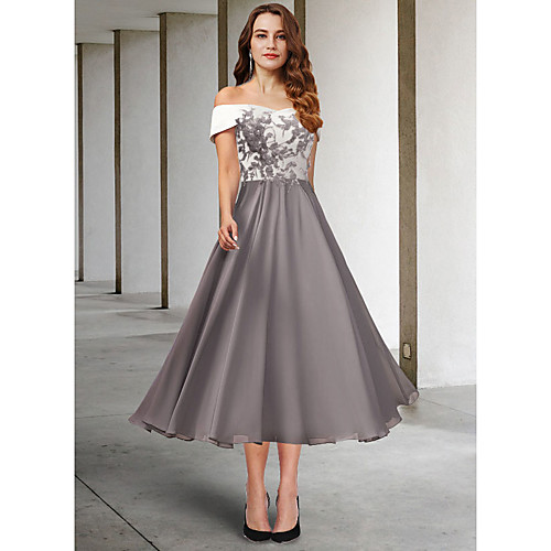 A-Line Mother of the Bride Dress Elegant Off Shoulder Tea Length Chiffon Lace Short Sleeve with Pleats Appliques 2021
A-Line Mother of the Bride Dress Elegant Off Shoulder Tea Length Chiffon Lace Short Sleeve with Pleats Appliques 2021