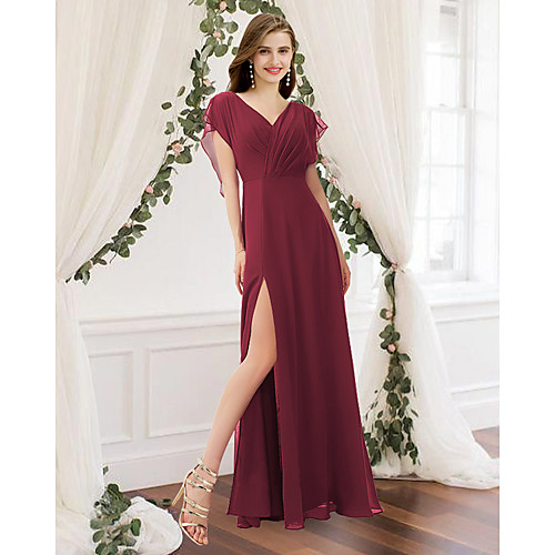 A-Line V Neck Floor Length Chiffon Bridesmaid Dress with Pleats / Split Front
A-Line V Neck Floor Length Chiffon Bridesmaid Dress with Pleats / Split Front