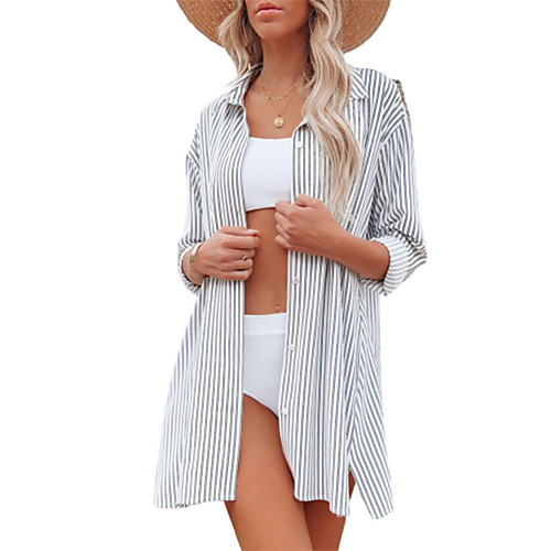 Women's Coat Casual / Daily Summer Long Coat Shirt Collar Regular Fit Casual Jacket Stripes Stripe Gray
Women's Coat Casual / Daily Summer Long Coat Shirt Collar Regular Fit Casual Jacket Stripes Stripe Gray