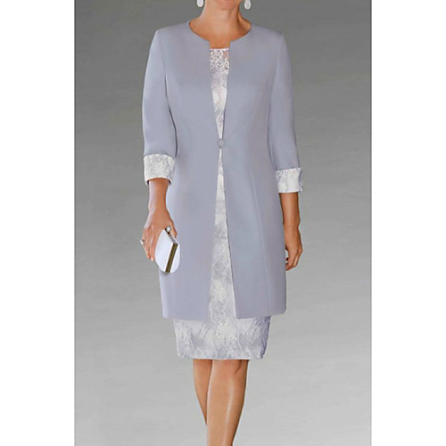 Sheath / Column Mother of the Bride Dress Plus Size Jewel Neck Knee Length Lace Polyester 3/4 Length Sleeve with Lace 2021
Sheath / Column Mother of the Bride Dress Plus Size Jewel Neck Knee Length Lace Polyester 3/4 Length Sleeve with Lace 2021
