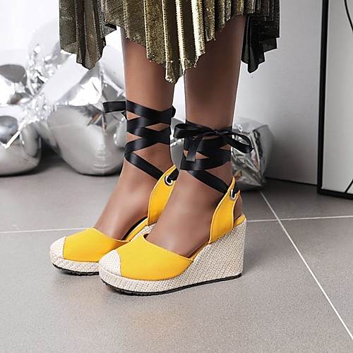 Women's Sandals Lace up Wedge Sandals Espadrilles Wedge Heel Round Toe PU Synthetics Yellow Orange Gray / Platform Sandals 
Women's Sandals Lace up Wedge Sandals Espadrilles Wedge Heel Round Toe PU Synthetics Yellow Orange Gray / Platform Sandals