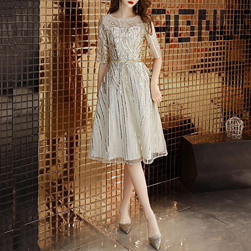 A-Line Glittering Elegant Party Wear Cocktail Party Dress Jewel Neck Half Sleeve Knee Length Tulle Sequined with Sash / Ribbon Sequin Embroidery 2021
A-Line Glittering Elegant Party Wear Cocktail Party Dress Jewel Neck Half Sleeve Knee Length Tulle Sequined with Sash / Ribbon Sequin Embroidery 2021