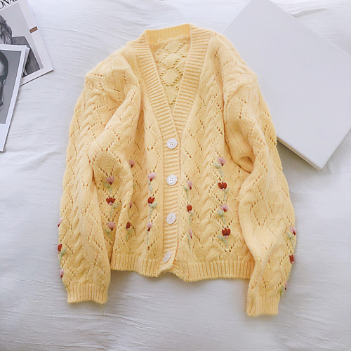 Women's Floral Solid Color Cardigan Long Sleeve Sweater Cardigans V Neck Light Yellow Creamy-white Fresh green
Women's Floral Solid Color Cardigan Long Sleeve Sweater Cardigans V Neck Light Yellow Creamy-white Fresh green