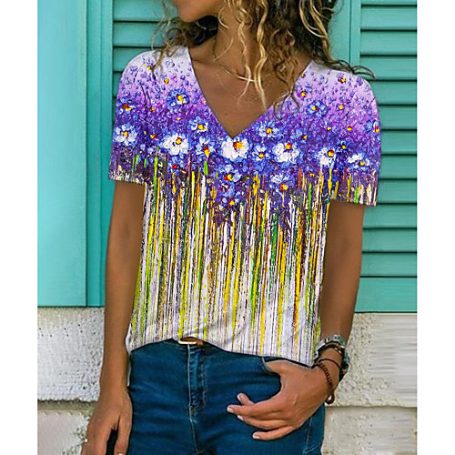 Women's Floral Theme Painting T shirt Floral Striped Graphic Print V Neck Basic Tops Purple
Women's Floral Theme Painting T shirt Floral Striped Graphic Print V Neck Basic Tops Purple