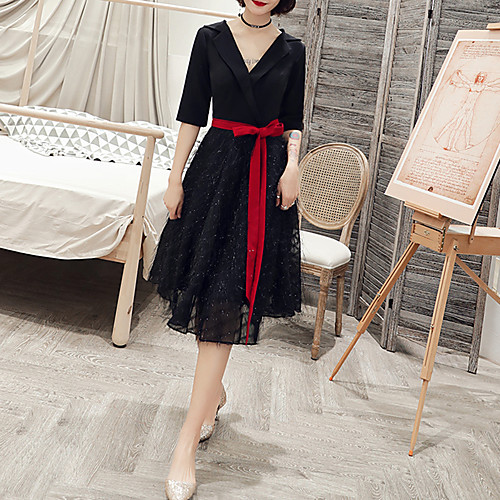 A-Line Minimalist Elegant Party Wear Cocktail Party Dress V Neck Half Sleeve Knee Length Tulle Stretch Fabric with Sash / Ribbon 2021
A-Line Minimalist Elegant Party Wear Cocktail Party Dress V Neck Half Sleeve Knee Length Tulle Stretch Fabric with Sash / Ribbon 2021