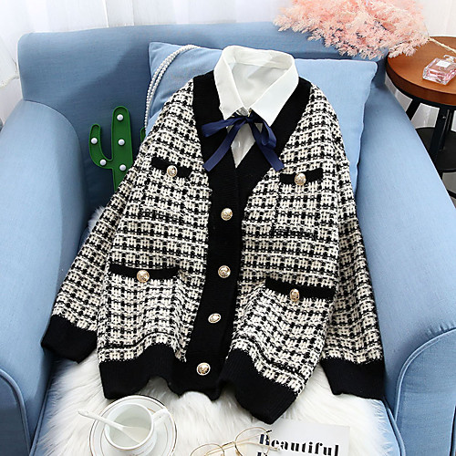 Women's Grid Pattern Cardigan Cotton Long Sleeve Sweater Cardigans V Neck Creamy-white Green Black
Women's Grid Pattern Cardigan Cotton Long Sleeve Sweater Cardigans V Neck Creamy-white Green Black