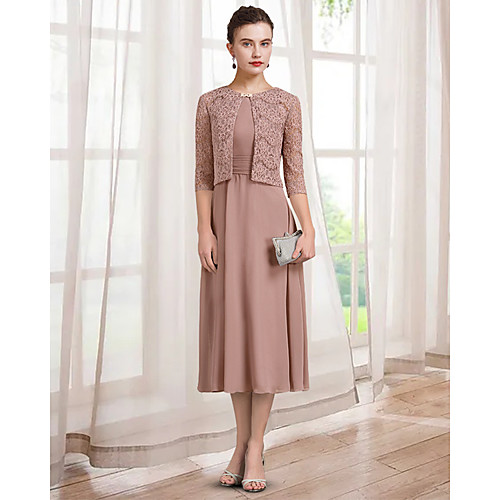Two Piece A-Line Mother of the Bride Dress Elegant Jewel Neck Tea Length Chiffon Lace 3/4 Length Sleeve with Appliques 2021
Two Piece A-Line Mother of the Bride Dress Elegant Jewel Neck Tea Length Chiffon Lace 3/4 Length Sleeve with Appliques 2021